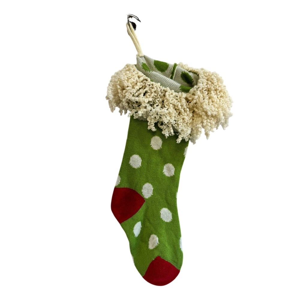 Green Polka Dot Knit Christmas Stocking Red Toe Shaggy Cream Cuff 18"